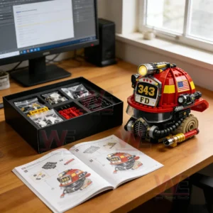 A firefighter helmet themed building block model shown on a desk with an instruction book and accessory parts ready for construction!