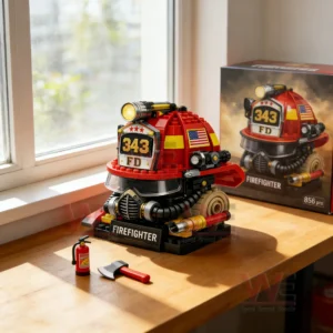 343 Firefighter Memorial Hand-Built Brick Set 4 A finished firefighter helmet building block model positioned near a window with miniature accessories and a collector style box!