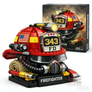 343 Firefighter Memorial Hand-Built Brick Set 5 A firefighter helmet building block display model shown with its box highlighting design details and collector appeal!