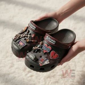 5 Seconds of Summer Crocs Crocband Clogs with Charms 5 Hands presenting black clogs with band themed charms and logos shown clearly from a top angle!