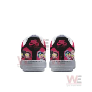 5 Seconds of Summer Everyone's a Star Air Force 1 Shoes 5 Back view of two custom sneakers featuring illustrated faces bright red panels black accents and white soles arranged symmetrically!