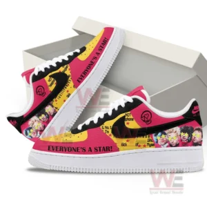 5 Seconds of Summer Everyone's a Star Air Force 1 Shoes 7 Custom sneakers displayed with an open box featuring bright red yellow and black colors graphic illustrations and a clean white sole design!