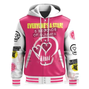 5 Seconds of Summer Everyone's a Star World Tour Baseball Jacket 4 Front view of a pink and white hooded varsity jacket with bold text heart symbol striped hem and graphic patches on the sleeves!
