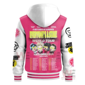 5 Seconds of Summer Everyone's a Star World Tour Baseball Jacket 5 Back view of a pink and white varsity jacket with large tour text graphic faces decorative typography and striped cuffs!
