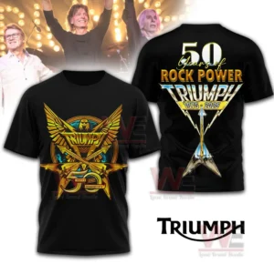 Black Triumph rock band anniversary shirt and hoodie with golden eagle emblem and fifty years of rock power design displayed from front and back views!