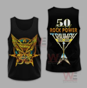Black sleeveless Triumph anniversary tank top with golden winged emblem on the front and rock power celebration artwork on the back!