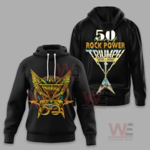 Black Triumph hooded sweatshirt with golden anniversary emblem on the front and rock power celebration graphic on the back!