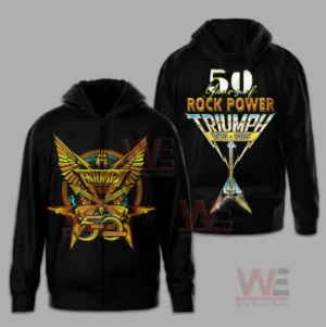 Black Triumph zip up hoodie with golden winged anniversary emblem on the front and rock power celebration design on the back!