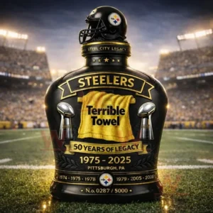 Black and gold Steelers commemorative bottle with a Terrible Towel emblem displayed on a football field inside a stadium.
