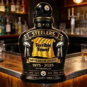Steelers themed commemorative bottle with Terrible Towel design placed on a bar counter with a softly lit bar background.