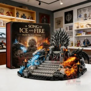Fantasy building block model of an iron throne surrounded by fire and ice details on a display surface!