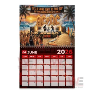 AC/DC Band 2026 Wall Calendar 8 A beach concert illustration showing the band performing among palm trees ocean waves and an energetic crowd celebrating under a bright sky.
