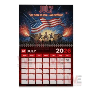 AC/DC Band 2026 Wall Calendar 9 A dramatic concert scene where the band plays before a large flag with fireworks exploding across the sky creating a patriotic atmosphere.