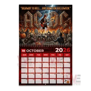 AC/DC Band 2026 Wall Calendar 10 A haunting concert illustration with the band on stage amid tombstones skeletal figures and lightning creating a chilling Halloween atmosphere.
