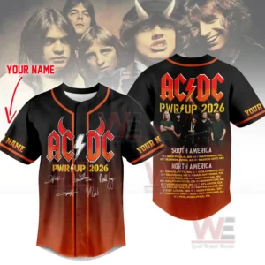 Image showing a black and orange AC DC PWR UP 2026 baseball jersey with band signatures on the front and tour dates with band photo on the back!