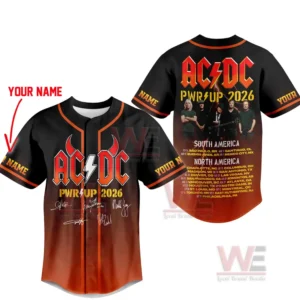Image shows front and back of a customizable AC DC PWR UP 2026 tour jersey with bright lettering band photo and regional tour dates!
