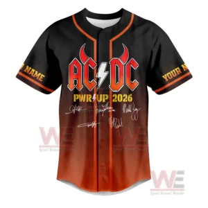 Image showing the front side of an AC DC themed jersey with bold logo yellow text signatures and orange fade design!