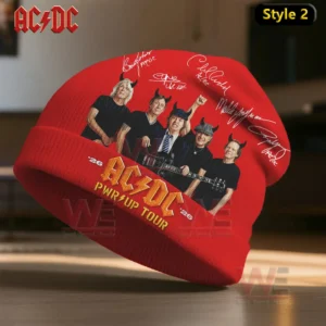 AC/DC Band PWR UP 2026 Tour Beanie Hat cap 4 Image shows a red AC DC tour beanie with band members posed together signature graphics and a bright tour logo across the cuff!