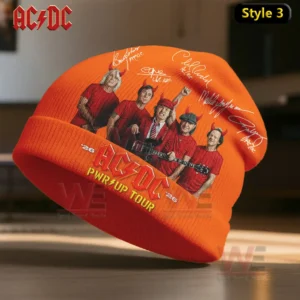 AC/DC Band PWR UP 2026 Tour Beanie Hat cap 5 Image presents an orange AC DC themed beanie with a group band image vivid colors and the PWR UP Tour branding on the front cuff!
