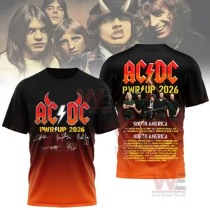 Image showing a black to orange gradient AC DC tour shirt with the logo and signatures on the front and band image with tour locations on the back!