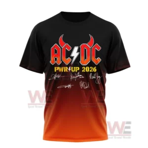 AC/DC Band PWR UP 2026 Tour Shirt, Hoodie 10 Image shows the front of a gradient black and orange AC DC shirt with bold lettering and multiple member signatures displayed prominently!