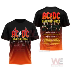 AC/DC Band PWR UP 2026 Tour Shirt, Hoodie 12 Image presenting front and back of an AC DC themed tour shirt with vivid colors strong graphics and detailed location listings for the 2026 tour!