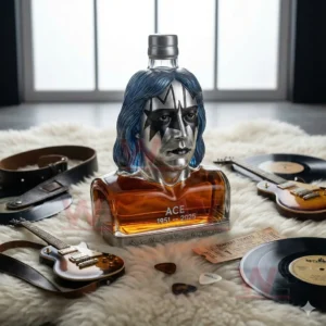 A bottle shaped like a musicians head surrounded by guitars vinyl records and concert themed items on a fluffy rug!