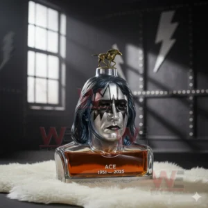 Ace Frehley Rock and Roll All Nite and Party Every Day Kiss Band Whiskey Bottle 6 A bottle styled as a rock themed head with star makeup and a horse sculpture on the cap placed in a studio setting!