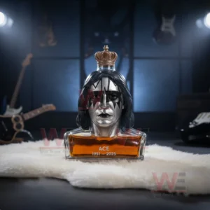 Ace Frehley Rock and Roll All Nite and Party Every Day Kiss Band Whiskey Bottle 7 A crowned head bottle design inspired by rock aesthetics shown in a music themed environment!
