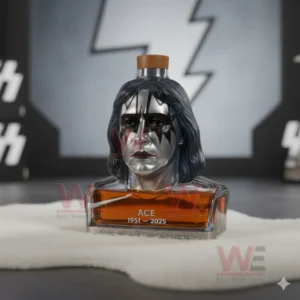 Ace Frehley Rock and Roll All Nite and Party Every Day Kiss Band Whiskey Bottle 8 A stylized head bottle featuring dramatic makeup and a wooden top placed in a modern rock themed room!