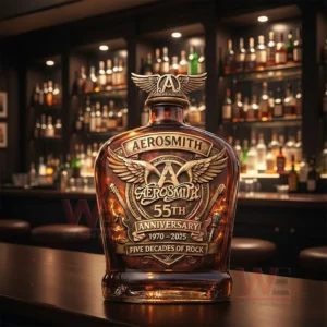 Decorative anniversary whiskey bottle with winged emblem and rock music symbolism placed in a stylish bar interior!