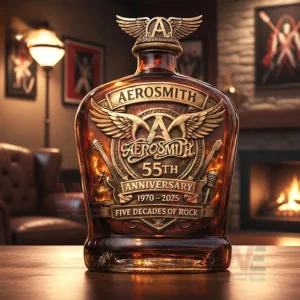 Anniversary themed whiskey bottle with rock icon design displayed in a warm living room setting with fireplace and artwork!