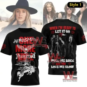 Front and back view of a black Aerosmith and Yungblud themed shirt with band images and dramatic text!