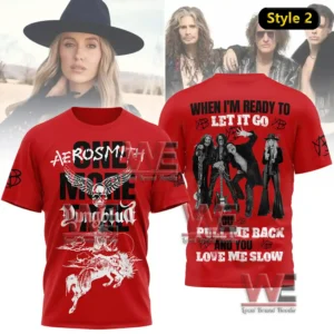 Aerosmith x YUNGBLUD Wild Woman Lyrics Shirt 3 Front and back view of a red Aerosmith and Yungblud themed shirt with band images and striking text!