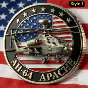 Metal commemorative coin with an Apache attack helicopter design layered over an American flag background symbolizing military aviation pride!