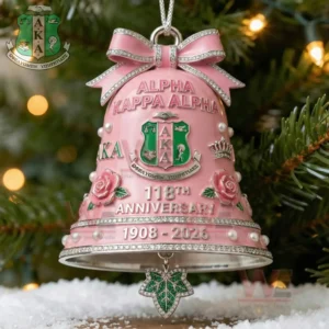 Pink Alpha Kappa Alpha anniversary bell ornament with crest roses pearls and green ivy charm hanging on a Christmas tree!