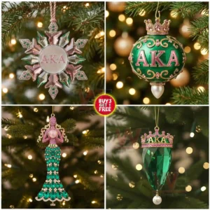 Four distinct green and pink holiday ornaments hanging on a Christmas tree!