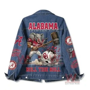 Alabama Cimson Tide Roll Tide Roll Denim Jacket 5 Back view of Alabama Crimson Tide denim jacket with elephant illustration and Roll Tide Roll text!
