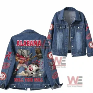 Alabama Cimson Tide Roll Tide Roll Denim Jacket 6 Alabama Crimson Tide denim jacket showing front and back designs together!
