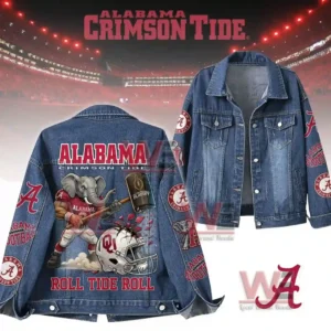 Alabama Cimson Tide Roll Tide Roll Denim Jacket 7 Alabama Crimson Tide denim jacket displayed with stadium themed background and bold graphics!