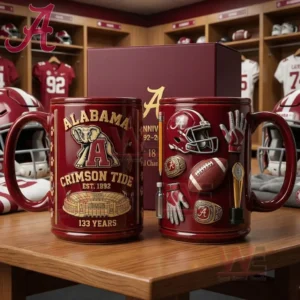 Alabama Crimson Tide themed mugs standing on a wooden surface in a locker room setting with football equipment behind them!