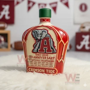 Red elephant emblem bottle with green cap displayed in a football themed room!