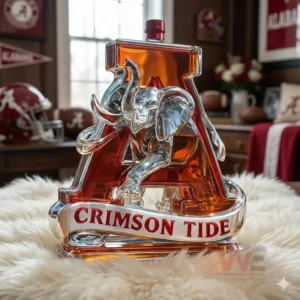 Amber letter A whiskey bottle with clear elephant sculpture in a Crimson Tide themed room!