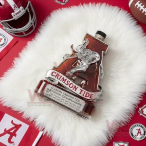 Alabama Crimson Tide championship commemorative bottle with red letter A design and elephant emblem on white fur background!