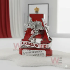 Alabama Crimson Tide 18 National Championships Whiskey Bottle 3 Red Alabama Crimson Tide championship bottle with elephant emblem displayed on a white table in a bright room!