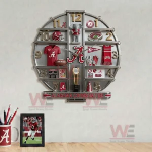 Alabama Crimson Tide Home Decorative 3D Wall Clock 7 Alabama Crimson Tide themed wall clock above a desk with football memorabilia creating a stylish and personalized workspace atmosphere!