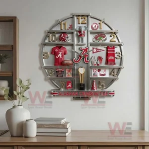 Alabama Crimson Tide Home Decorative 3D Wall Clock 8 Alabama Crimson Tide decorative wall clock displayed in a modern living room with wood furniture neutral tones and sports themed wall art centerpiece!