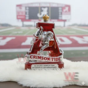 Crimson tide decanter with silver elephant in front of an Alabama football stadium.