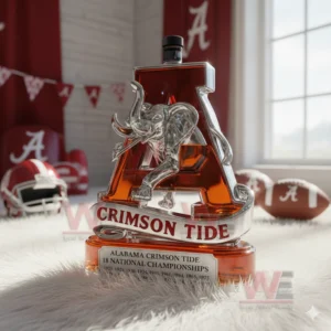 Alabama Crimson Tide National Champs Whiskey Decanter 7 Crimson tide decanter with silver elephant in a football themed room.