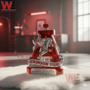 Alabama Crimson Tide National Champs Whiskey Decanter 8 Crimson tide decanter with silver elephant in a red lit interior.